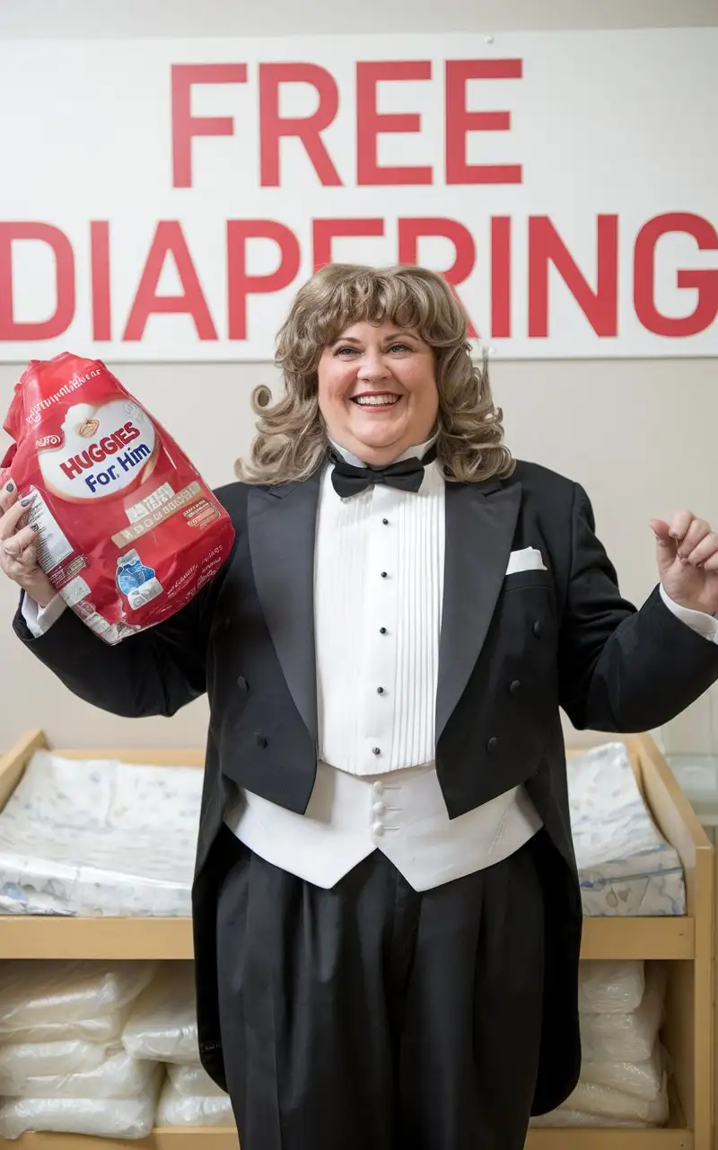 Smiling-MiddleAged-Woman-in-Formal-Tuxedo-Holding-Huggies-at-Nursery-Changing-Table