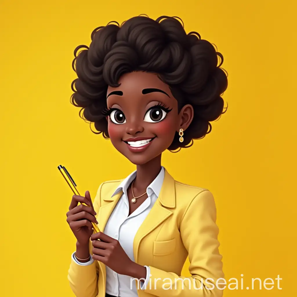 Smiling Black Woman in Yellow and White Blazer Holding Yellow Pen