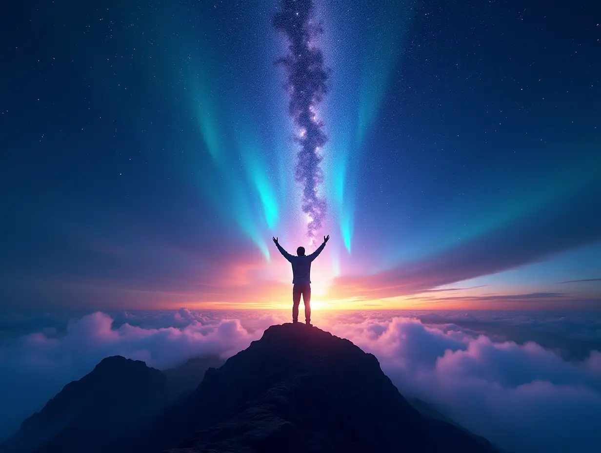 A surreal and dreamy visual of a person standing on a mountain peak under a mesmerizing night sky filled with galaxies, shooting stars, and auroras. The figure reaches out toward the sky, symbolizing ambition and the pursuit of dreams. The scene is bathed in vibrant hues of deep blues, purples, and glowing golds, creating a magical and awe-inspiring ambiance. The ground is faintly illuminated by the ethereal light from the stars, adding depth and contrast. The composition evokes a sense of wonder, limitless potential, and a journey toward achieving one's dreams