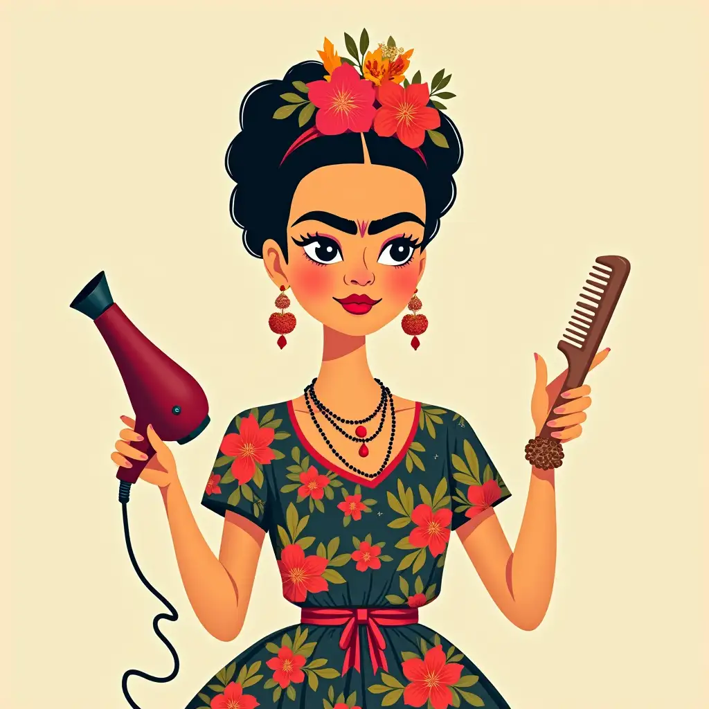 Create an illustration of Frida Kahlo standing against a simple background, holding a hairdryer in one hand and a comb in the other. Capture her iconic features and style, with vibrant colors that reflect her artistic essence. The artwork should embody the airy, lively character of Frida’s paintings, using floral motifs and bold patterns to create a sense of movement and energy. Ensure her expression conveys confidence and creativity, celebrating her unique personality