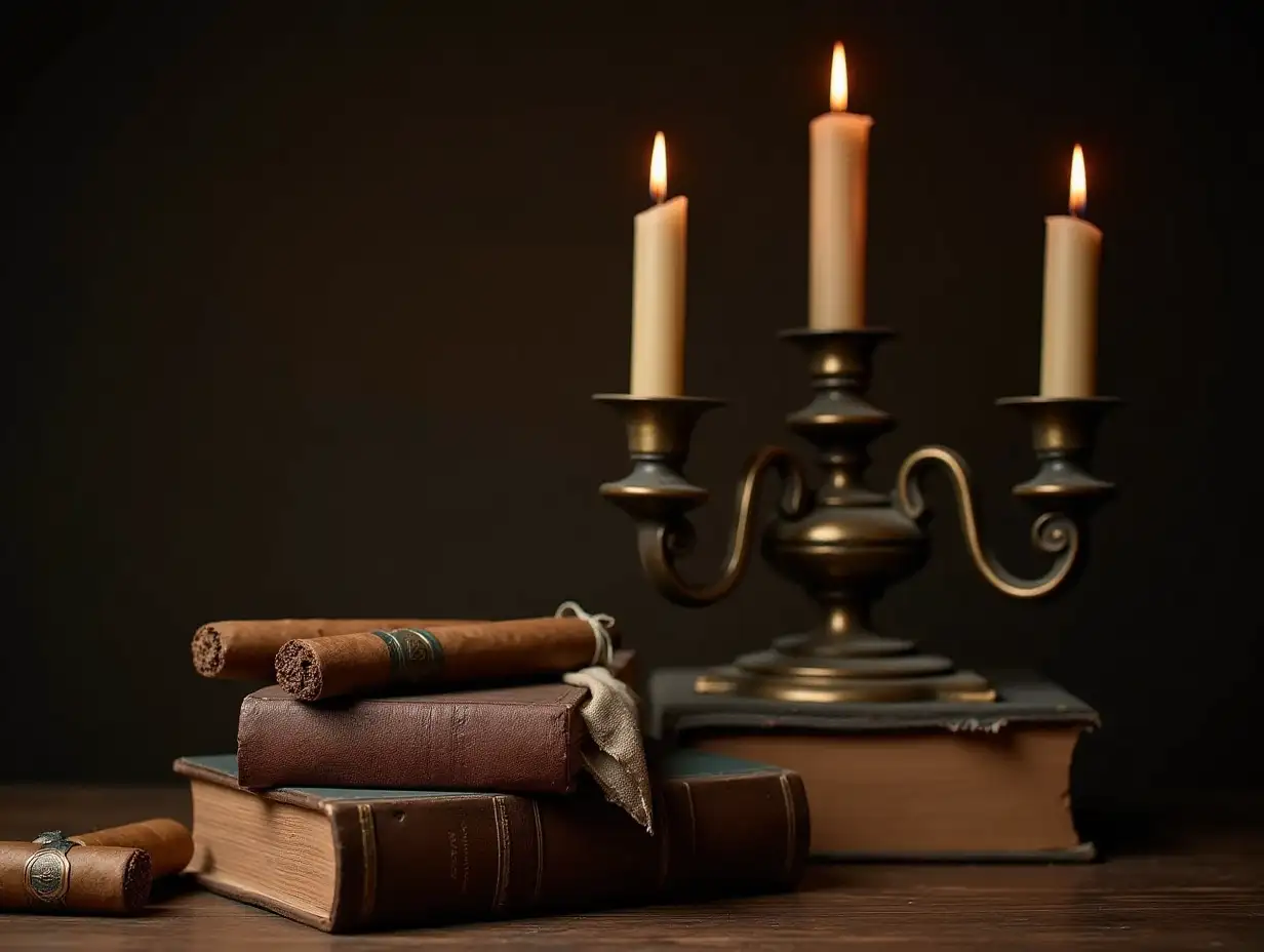 Still life of old books with used cigars and ancient candlesticks with candles