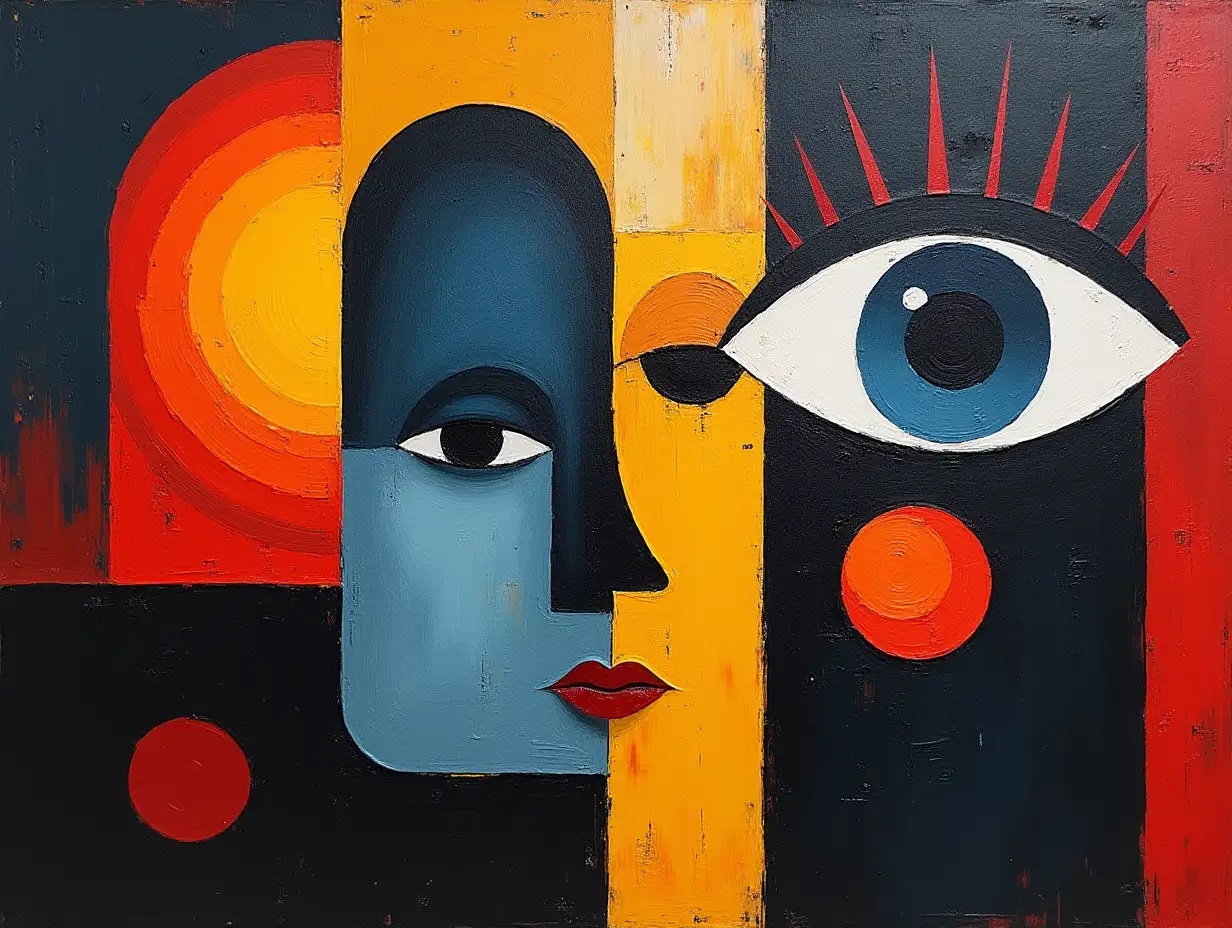 user_prompt: A picture in a checkerboard pattern, stripe, primitively schematic, minimalism, avant-garde, face, huge hovering eye, darkness in the style of Kandinsky, Malevich, minimalism, simplify for a beginner artist with acrylic many colors, constructivism abstractionism, rather dark