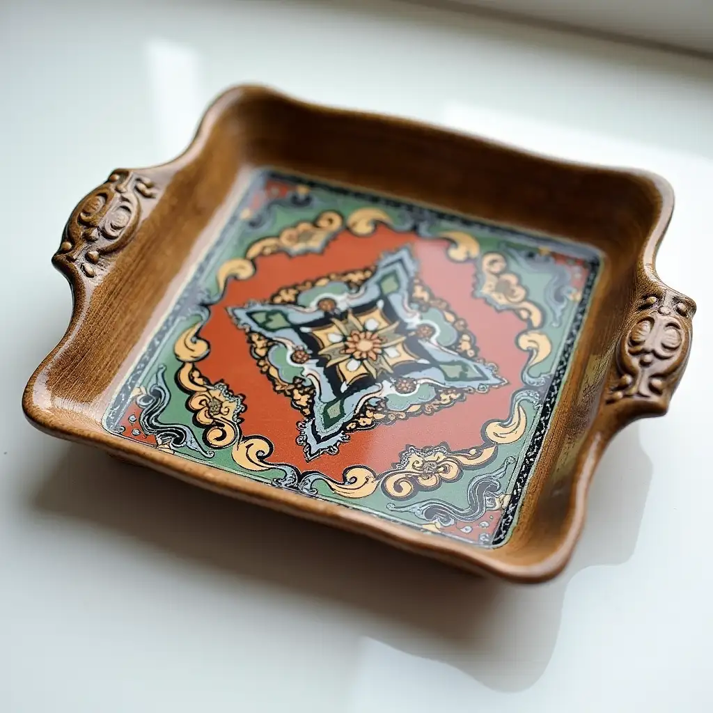 Square with rounded corners ceramic serving dish with embossed beautiful handle, antique and old, Qajar art, Iranian Tabriz carpet design