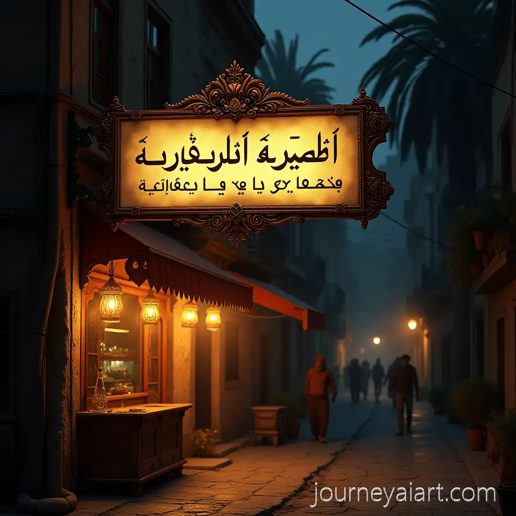Ornate-Egyptian-Signboard-with-Traditional-Caf-atEgyptian-street-signboard-scene-Night