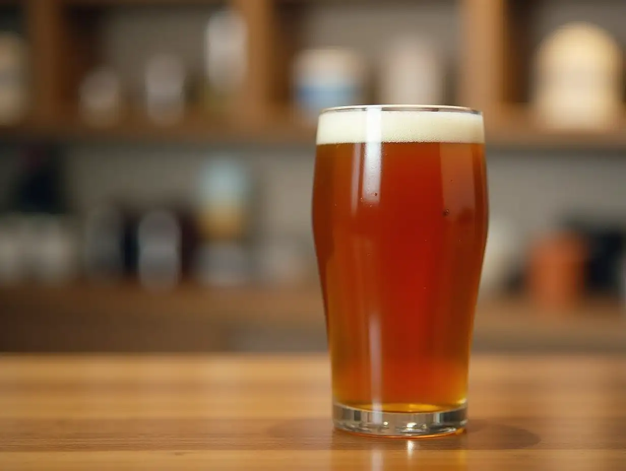 Refreshing Amber Craft Beer in a Transparent Glass on a Wooden Table with Blurred Background