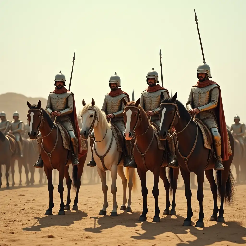 scenario 1: Soldiers stand next to their horses, as if preparing for a mission or listening to orders.   - THE SOLDIERS: They wear the clothes of warriors of that era, such as light armor, helmets, swords, spears, and Arabian horses