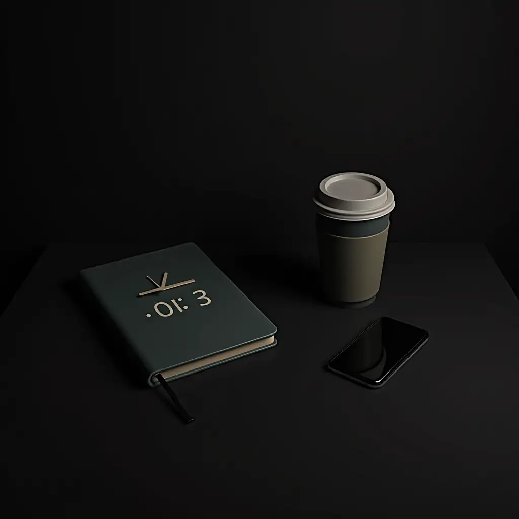 Timer, coffee cup, and notebook. dark theme