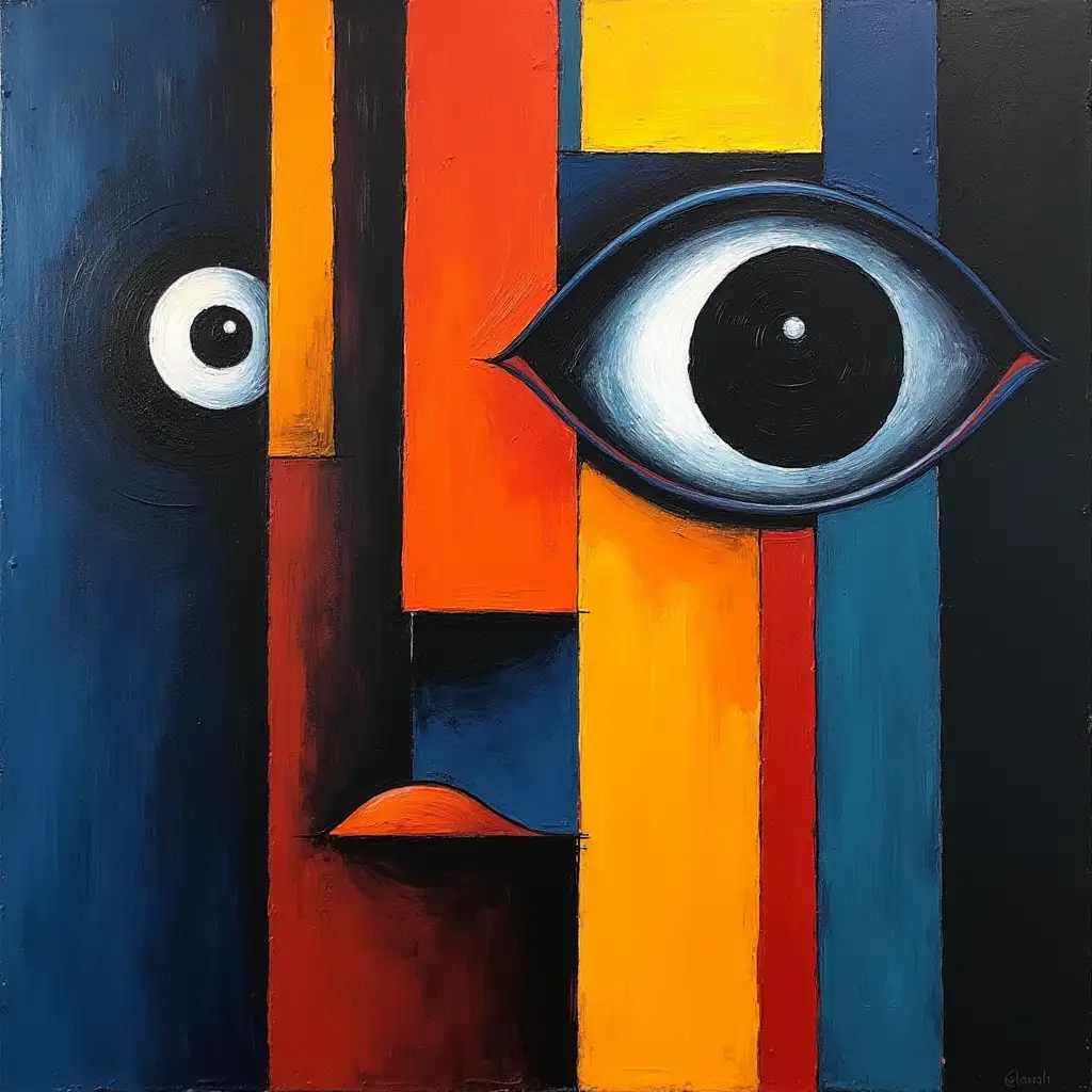 A picture in a grid, stripe, primitively schematic minimalism, avant-garde, face, huge looming eye, darkness in the style of Kandinsky, Malevich, minimalism, simplify for beginner artist acrylic many colors, constructivism abstractness, gloomily