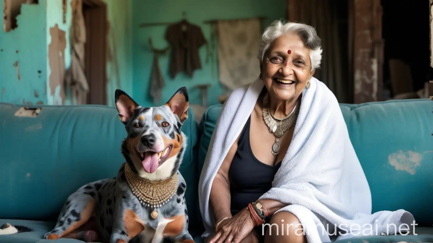 Elderly Indian Woman with Australian Cattle Dog in Abandoned Building