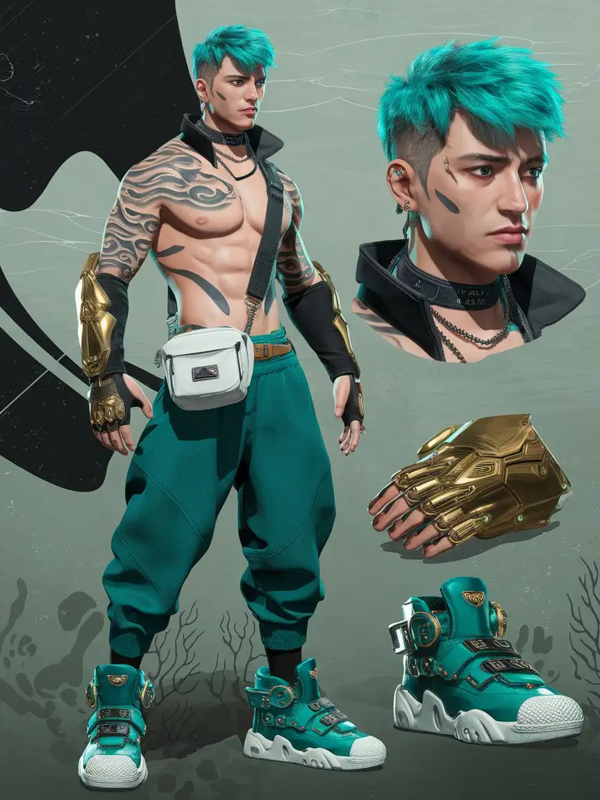 Stylish athletic male cyberpunk character with turquoise hair, ocean wave yakuza tattoos, and an aloof expression. He is wearing asymmetrical pants, gilded futuristic vambraces, a white hip bag, and futuristic turquoise high-top sneakers with white toecaps. Muted color scheme, vaguely aquatic motif, black and white accents. One full body and two headshots of same character.