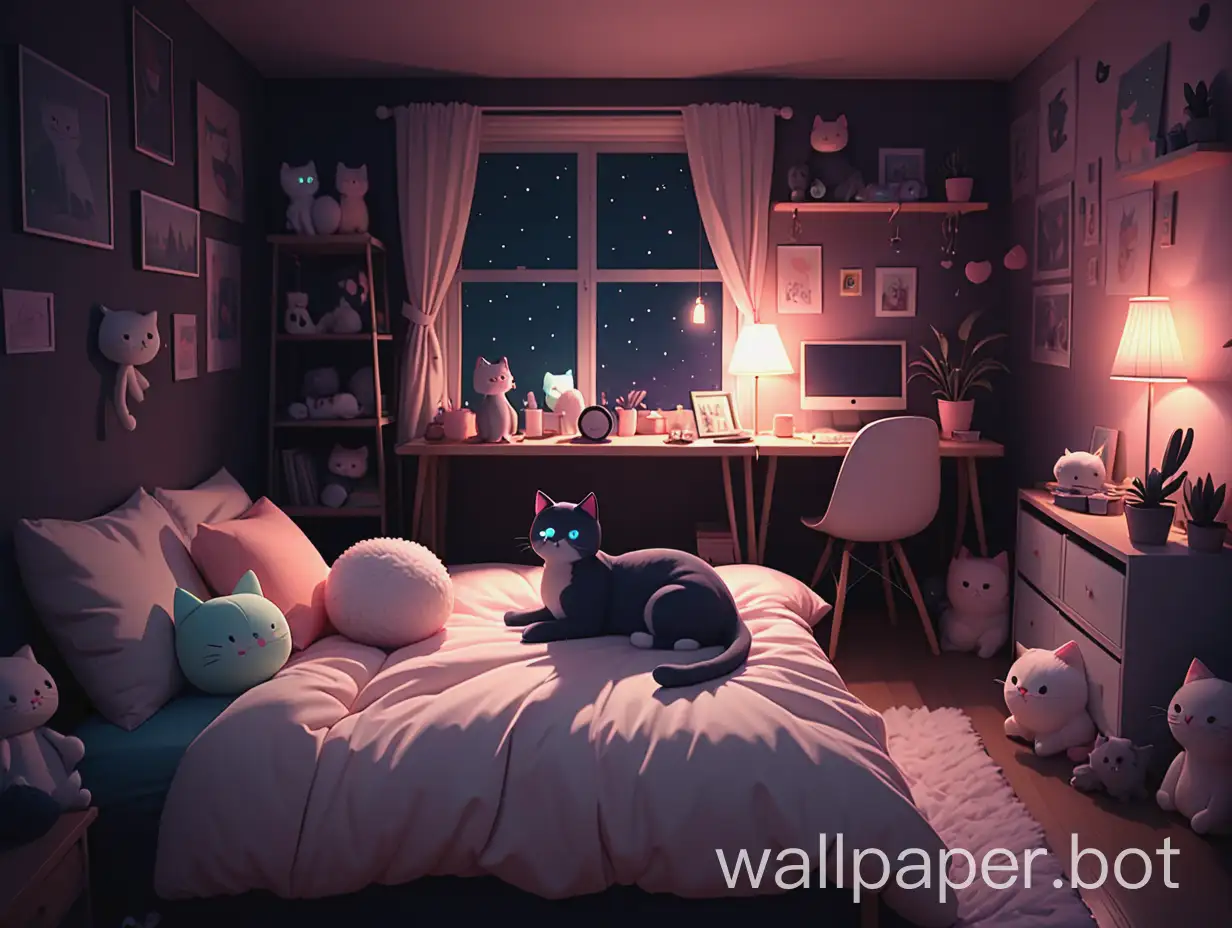 a cozy bedroom with lo-fi vibes, a bit dark cause night but have some light , a color room like a pastel, have a lot cute pillow and plushie, have some cat toy.