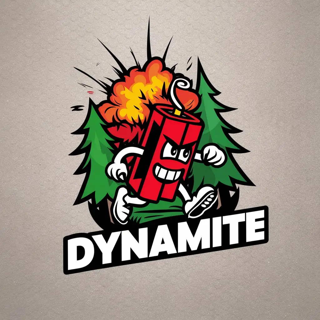 LOGO-Design-for-Dynamite-Angry-Dynamite-Sticks-in-3D-with-Legs-and-Smile-Emerging-from-Forest