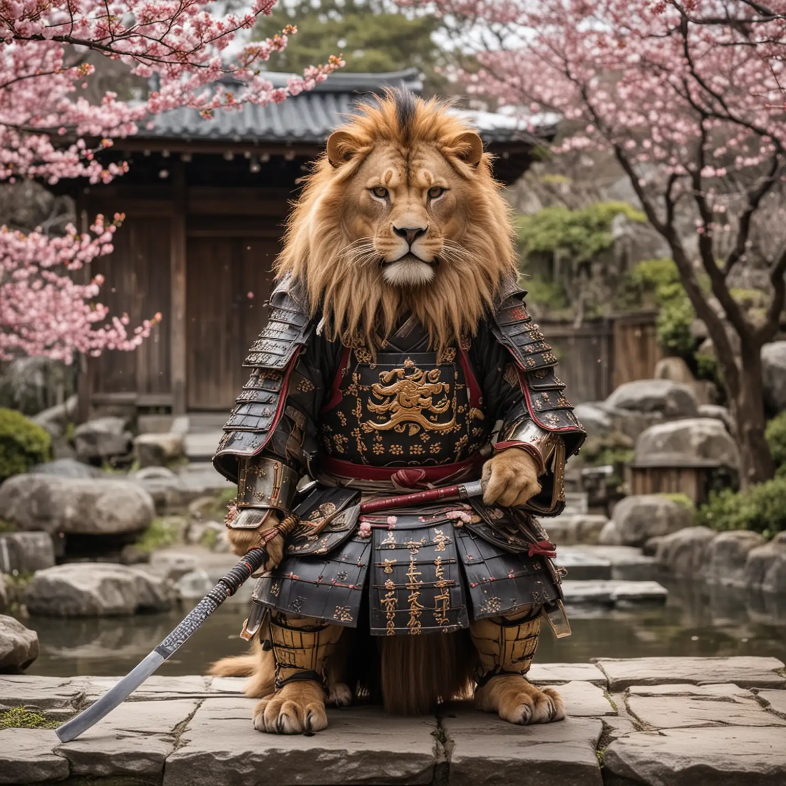 Lion in Japanese Samurai armor in front of an Onsen which it is holding a Samurai sword in its paws, while cherry blossoms are seen in the background