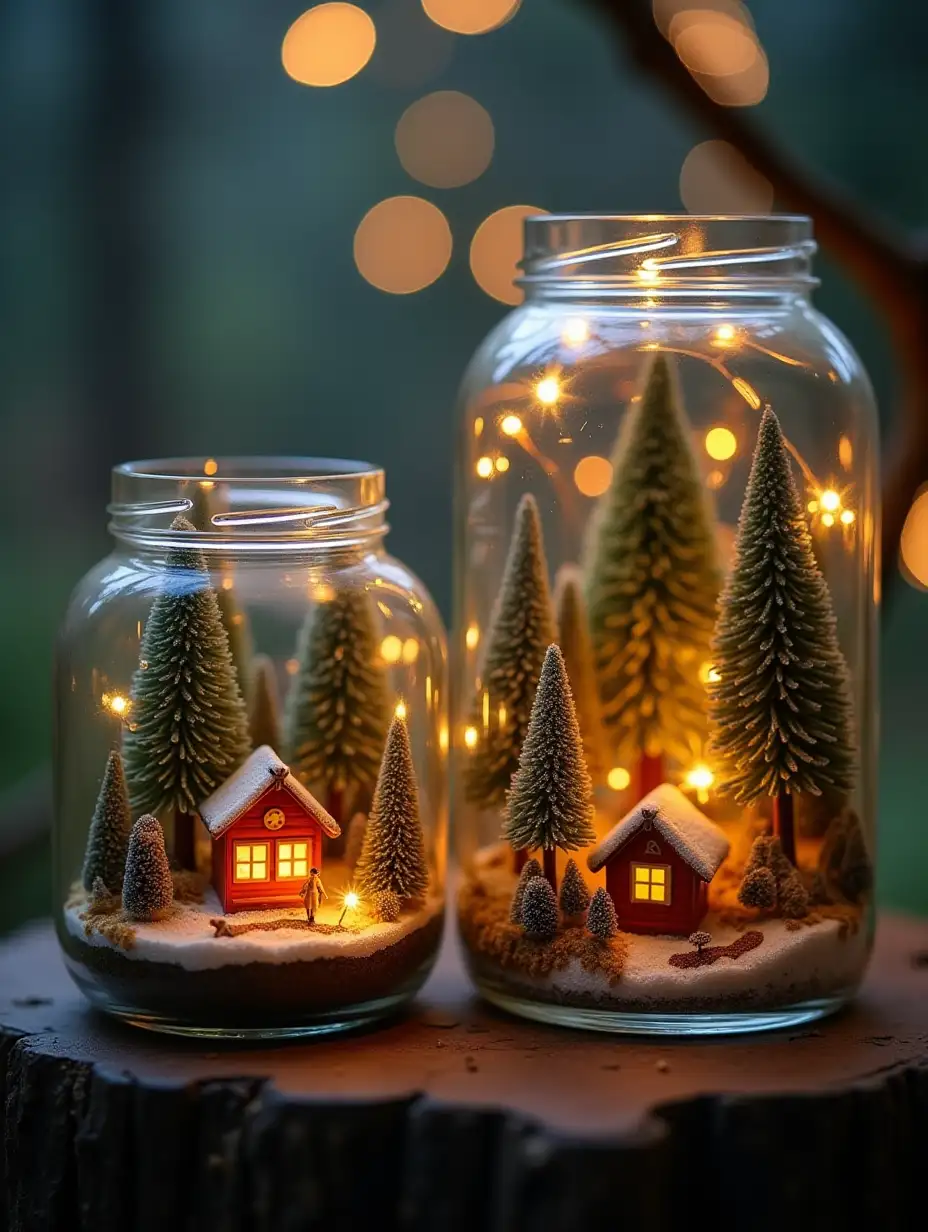 Terrarium jars, miniature warm tropical wonderland Glowing under the soft twinkle of fairy lights. Filled with scenes of tiny, forest-covered villages, ice-skating ponds, and pine forests. Soft, bokeh lighting, mystical, enchanting