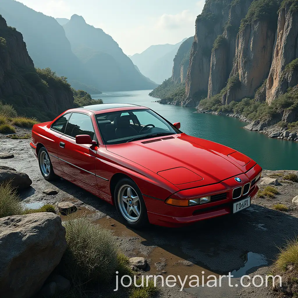 Vintage-BMW-850-Series-8-in-Calypso-Red-Parked-on-Cliff-Edge