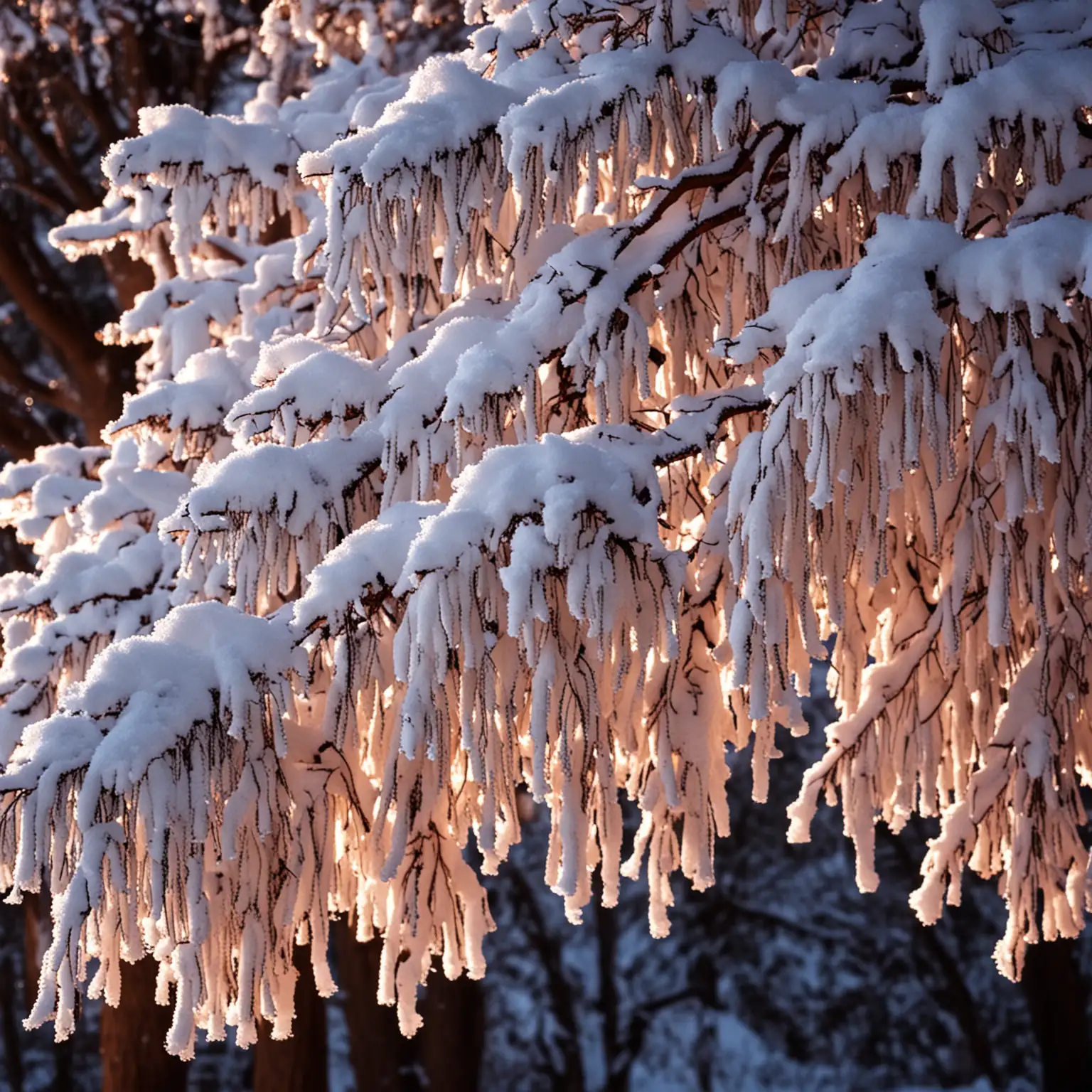 Winter Snow Tree Illuminated by Soft Light Close Up