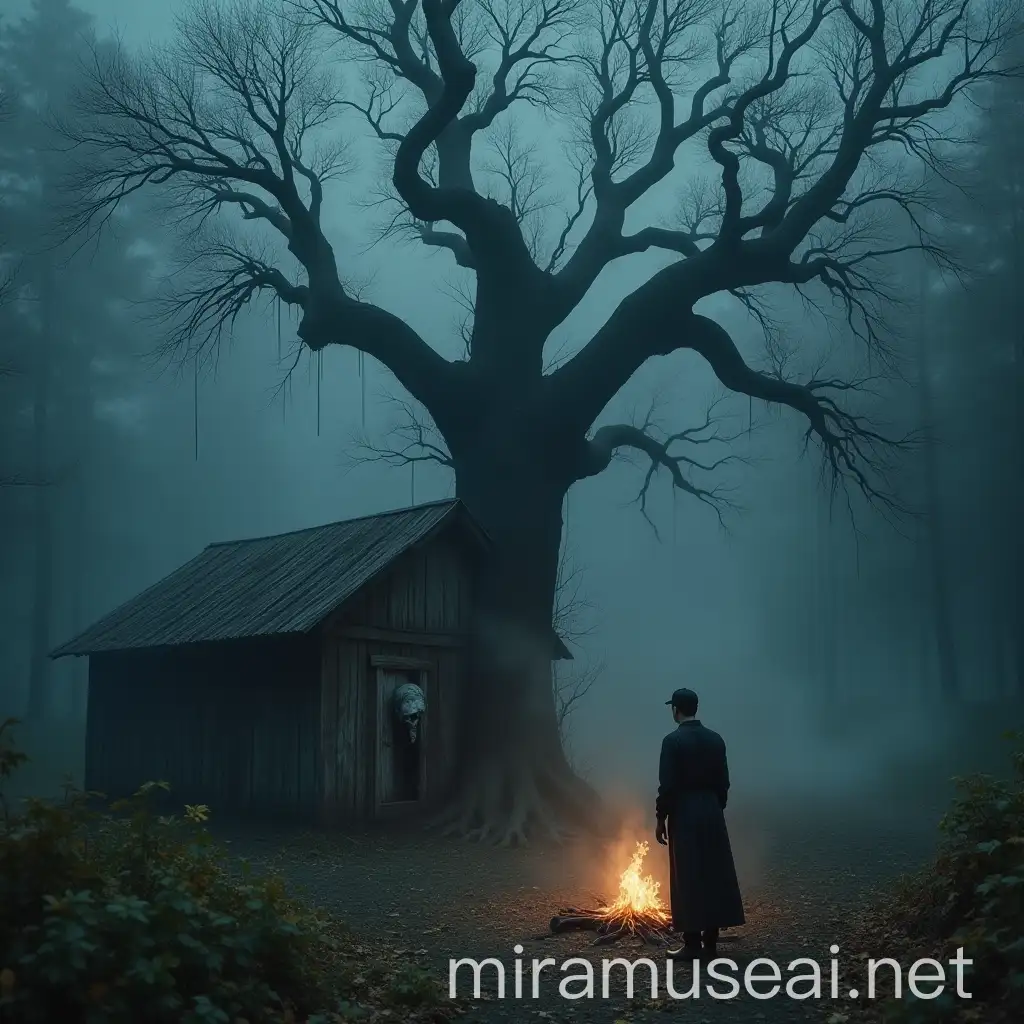 Ethereal Forest Scene with Twisted Tree and Haunting Figures