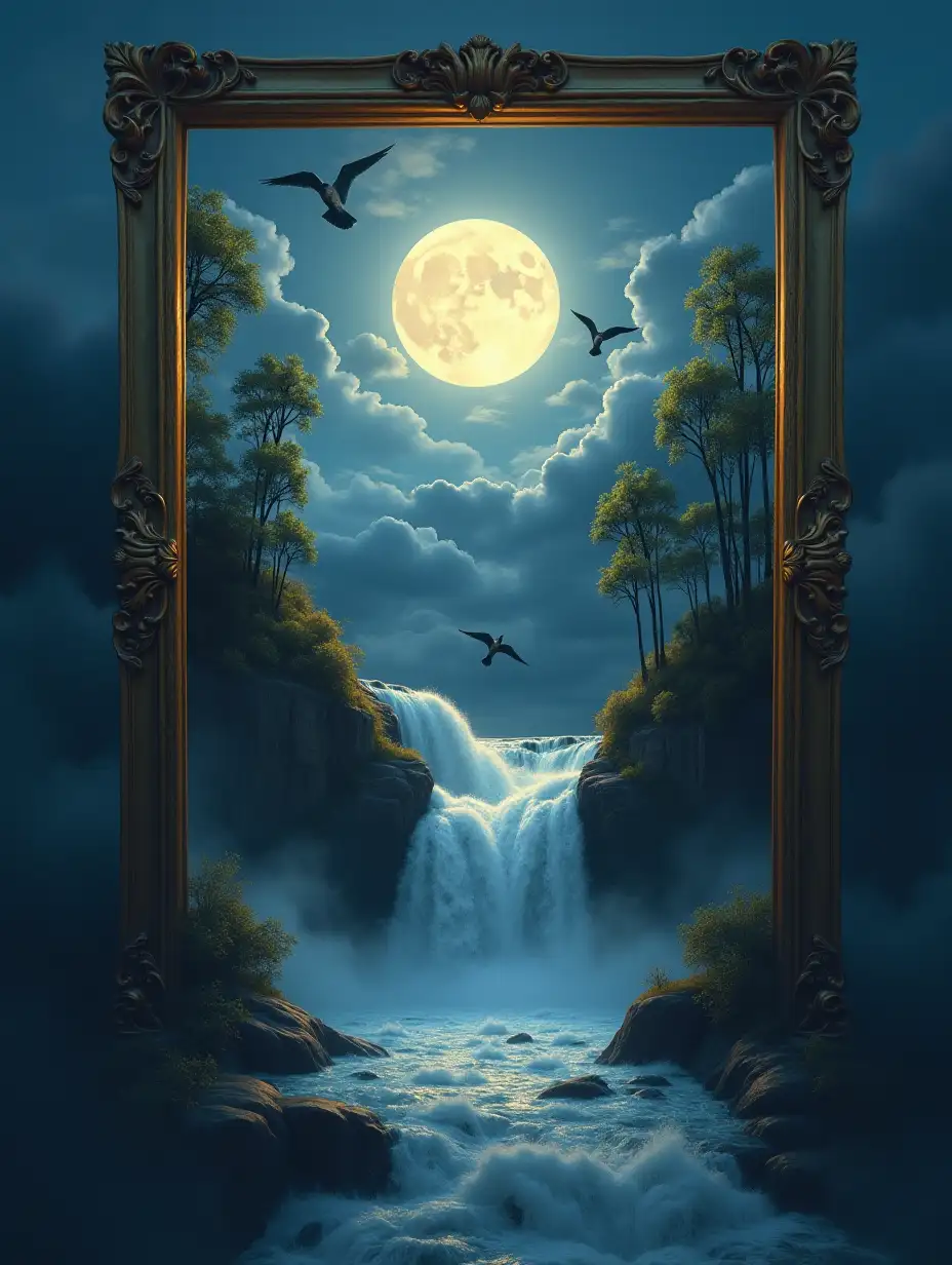 This image is a digitally manipulated dark fantasy photograph of a night sky with a surreal, dreamlike quality. An open old golden frame can be seen in the middle of the cloudy sky image. Not a single wall is visible outside the golden frame. In the frame itself we see a magical miniature huge waterfall flowing into a raging river, tall trees, 2 birds fly out of the window. The river pours powerfully and massively over the lower frame! Extending to the bottom edge of the picture. The sky framing the entire frame has a few delicate clouds and a full illuminating moon who gives the picture a bokeh atmosphere. Inside the golden frame we can see the magical miniature waterfall landscape. The outside of the frame is a cloudy night sky with occasional delicate clouds. Not a single wall or wall is visible! Outside the frame, we see a cloudy sky in magical moonlight with occasional delicate clouds. This gives the image a very surreal and imaginative quality. masterpiece, award winning, DB4RZ, DB4RZ style painting, NeoPigma, in the style of cksc,, anime, cyberpunk