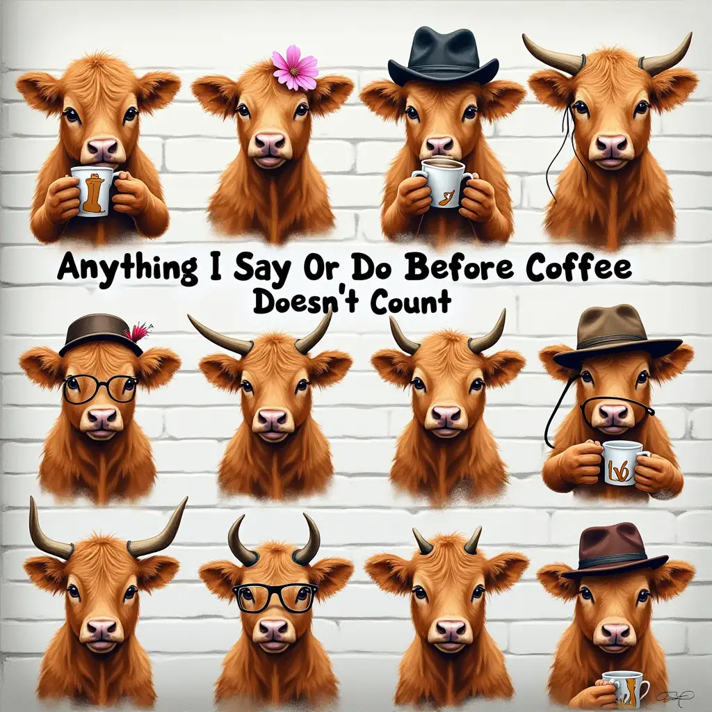 Vector. eight adorable Highland cattle calves in mugshots, featuring the word 'Anything I Say Or Do Before Coffee Doesn't Count' in bold, centered eight adorable Highland. The calves are wearing different accessories, such as flowers, hats, and glasses, coffee in hand. The background is a wall used to take pictures of criminals. oil paint ink