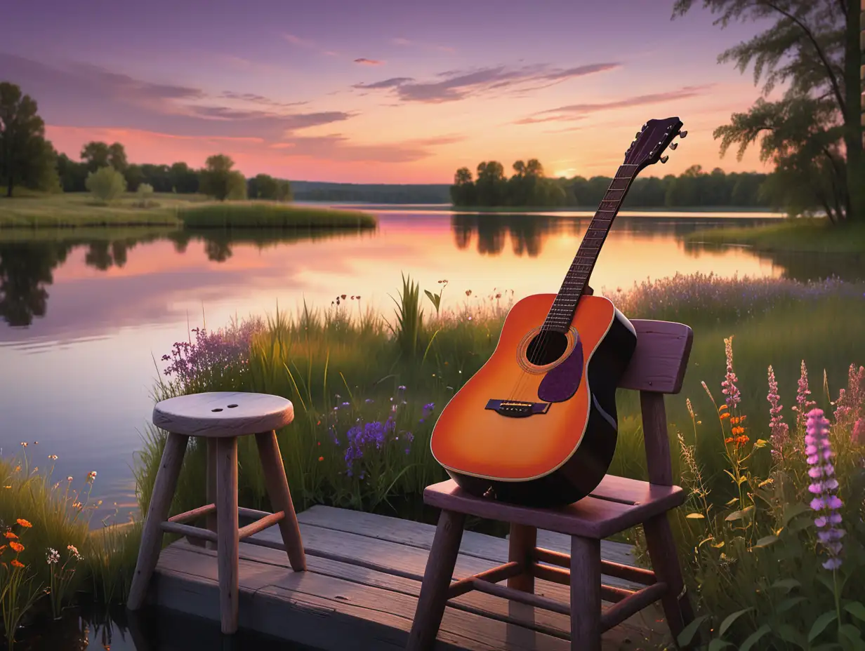 Acoustic-Guitar-by-Tranquil-Lake-During-Sunset