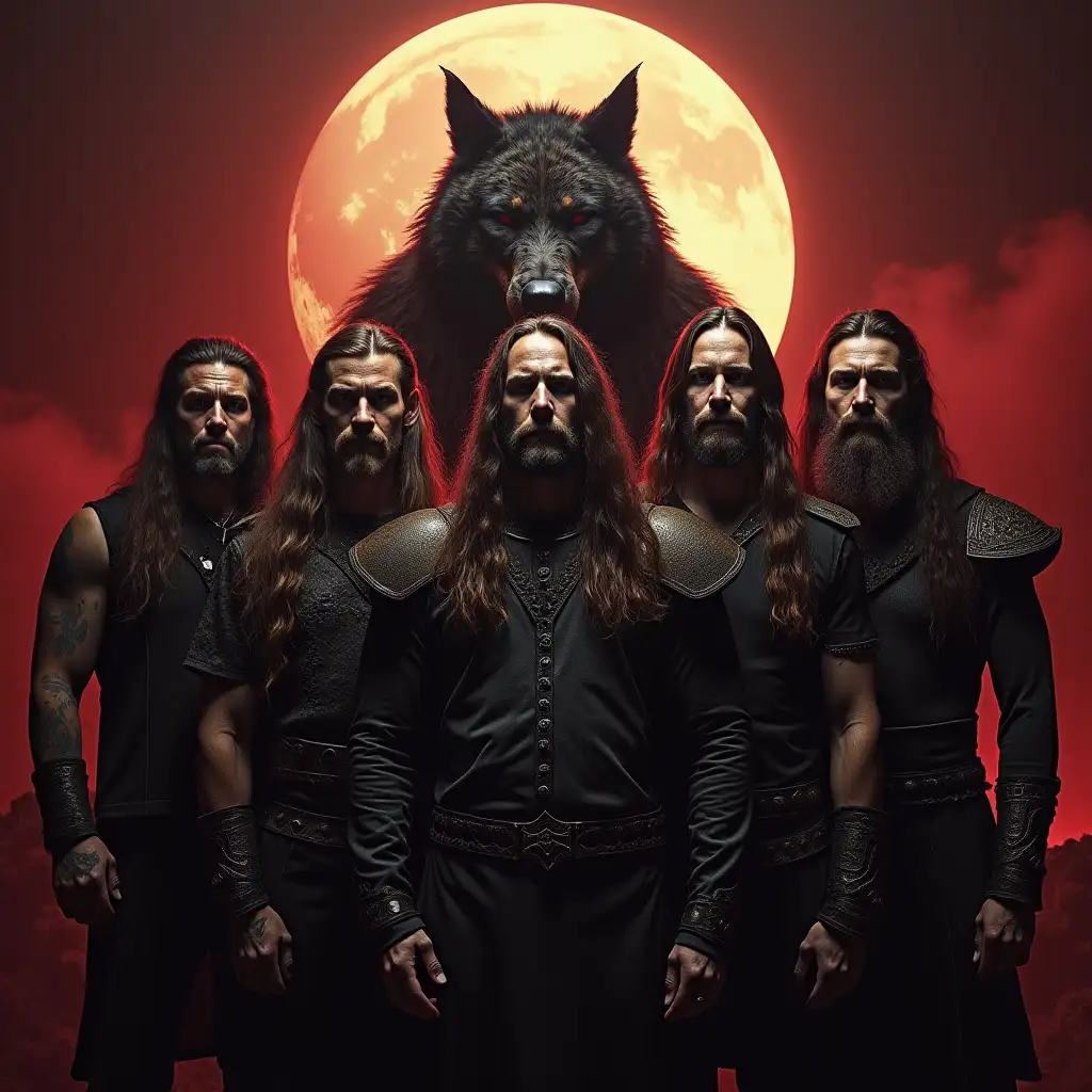 all male, viking metal band with long hair, a full moon above, a werewolf figure looming behind them, and a reddish mist in the sky
