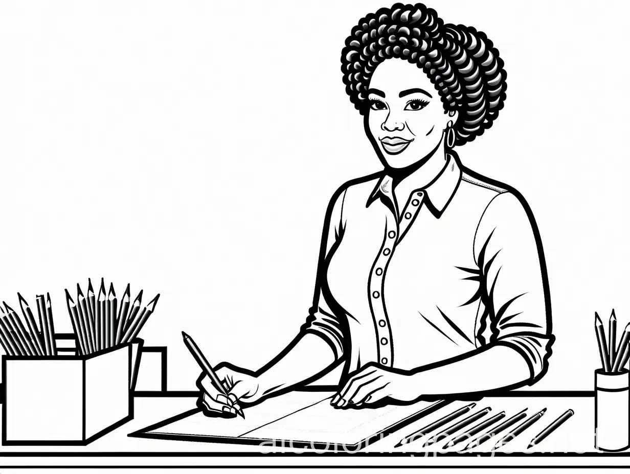 Beautiful black women at work, Coloring Page, black and white, line art, white background, Simplicity, Ample White Space. The background of the coloring page is plain white to make it easy for young children to color within the lines. The outlines of all the subjects are easy to distinguish, making it simple for kids to color without too much difficulty