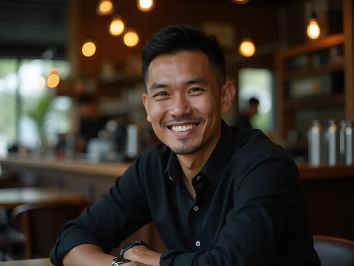 36 year old Indonesian man, short hair, wearing a black shirt, smiling, sitting at a cafe table, smile, Bar background