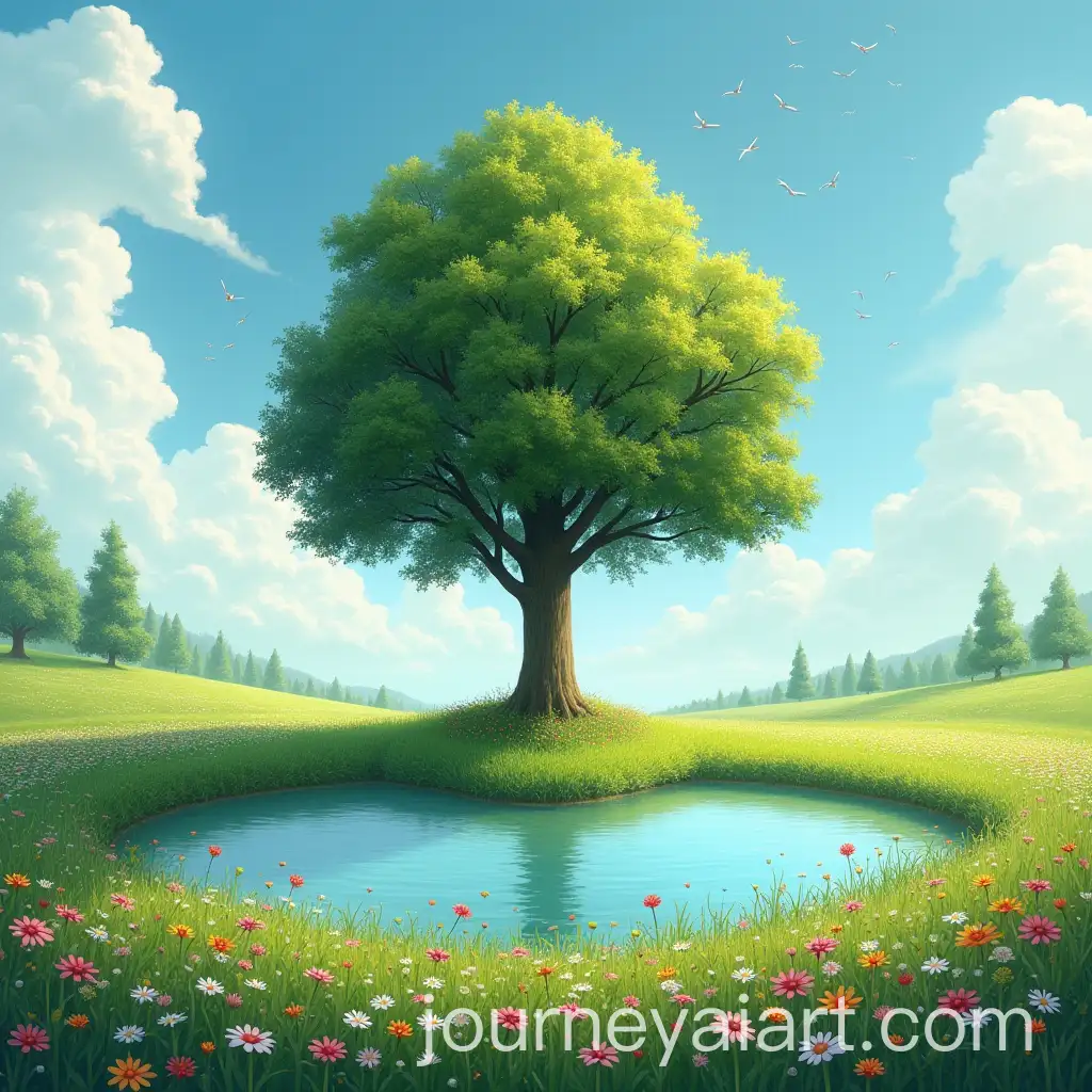 Scenic-Lakeside-with-Tree-Flowers-and-Birds-Under-a-Cloudy-Sky