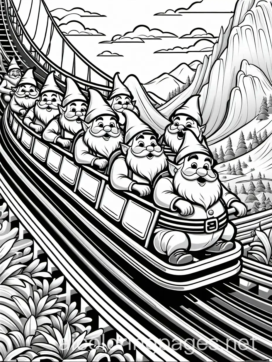 Rollercoaster-Ride-of-Chubby-Gnomes-in-Black-and-White-Coloring-Page