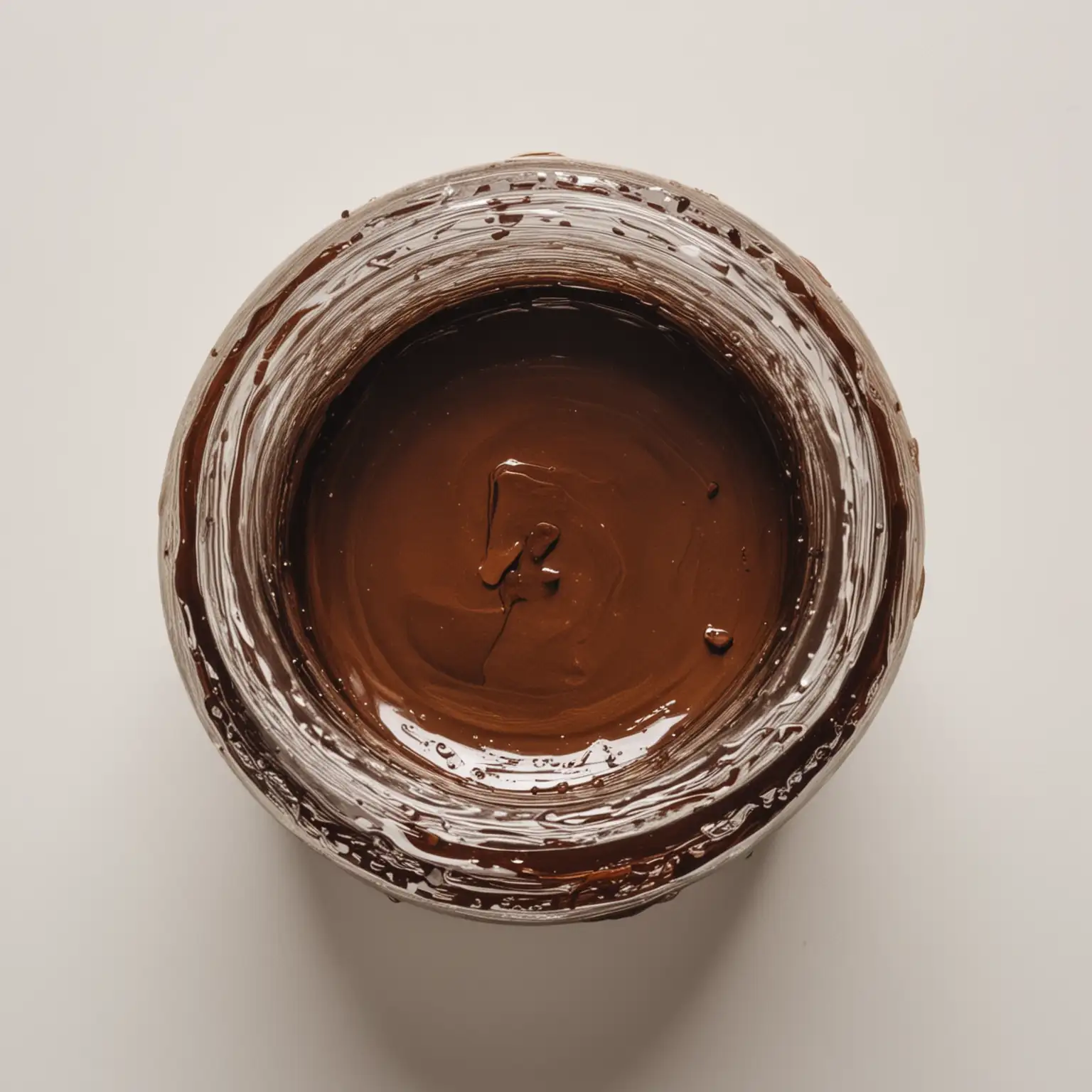 view strictly from above: a glass jar filled to the brim with dark brown oil paint. The paint is wet, thick, shiny. White background.