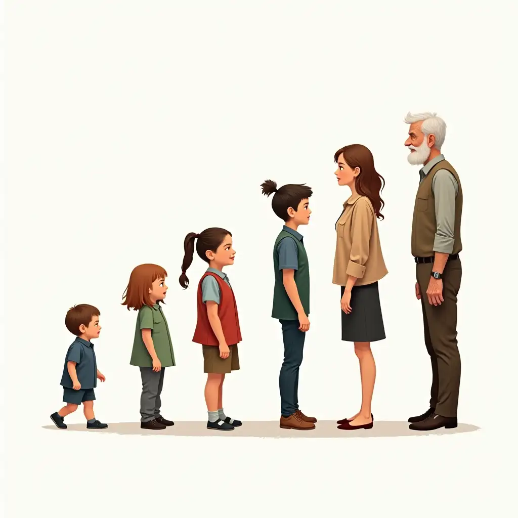 Poster of human growth from toddlers who are learning to walk, school-aged children wearing uniforms, teenage students, working adults, to elderly people