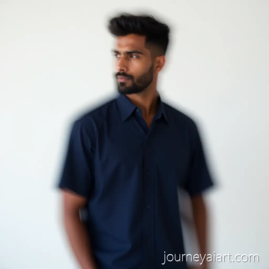 30YearOld-Indian-Male-Fashion-Model-in-Navy-Blue-Shirt-in-Minimalist-White-Studio
