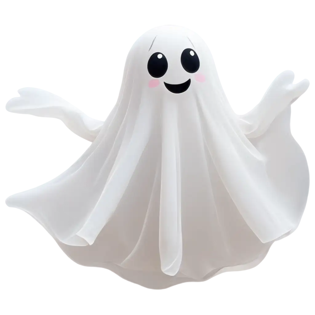 A playful ghost floating in mid-air with a translucent white body and cute, round eyes. The edges of the ghost are wispy, giving it an ethereal look.