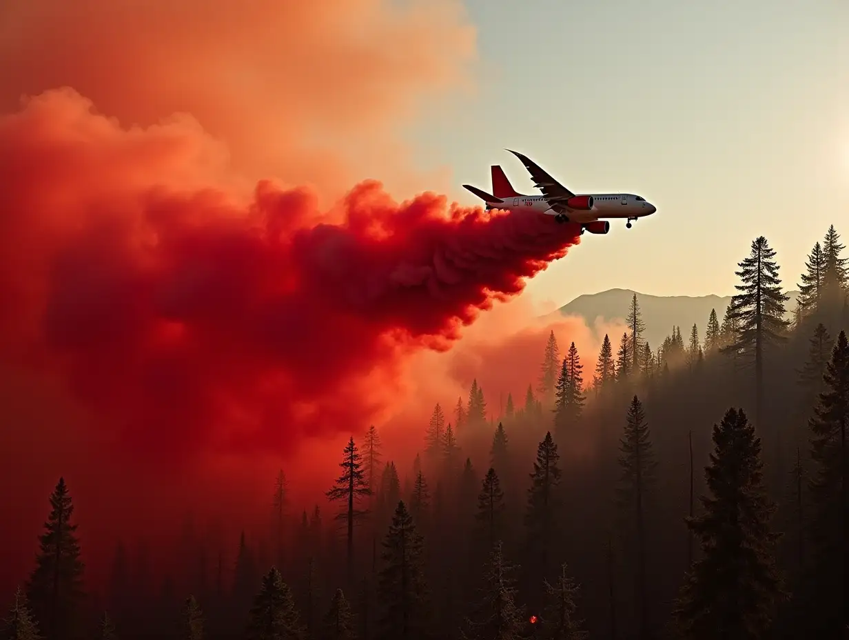 Firefighting Aircraft Releasing Red Material to Combat Forest Blaze