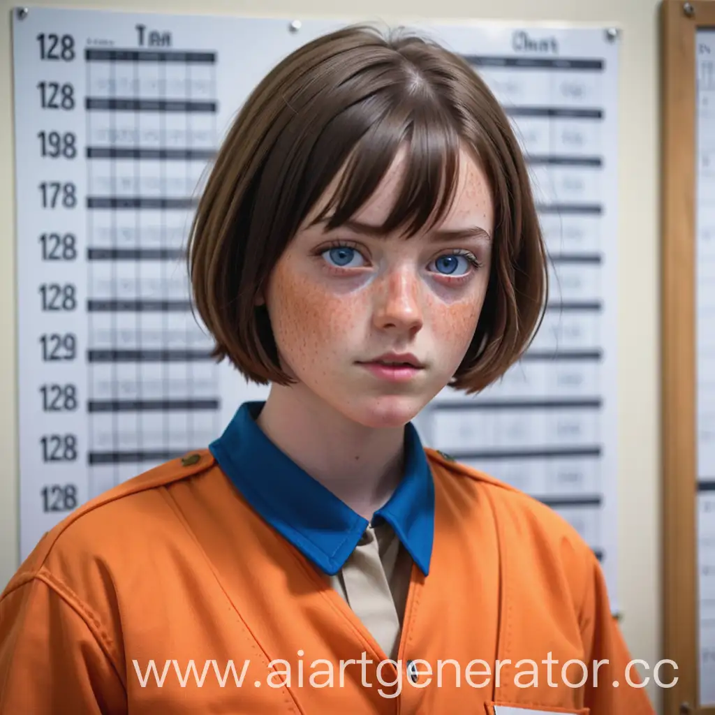 A young female with short brown hair in a bob, freckles in her face and blue eyes, dressed in orange prison uniform standing in front of a high chart