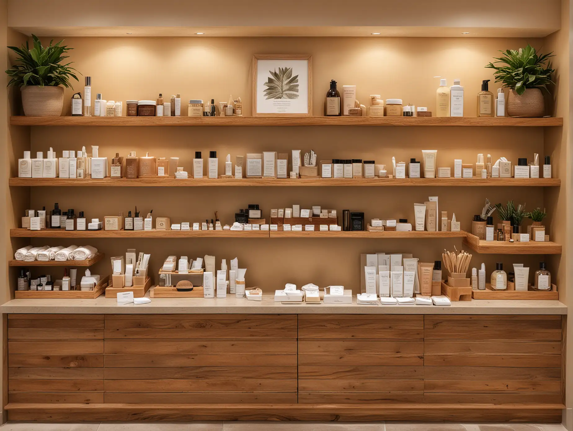 A view of the front desk lobby of a resort spa featuring shelves of neatly  placed cosmetics with labels in natural tones, embodying sustainable beauty practices.  Warmth and ambiance. Soft lighting highlights textures and colors, creating a serene atmosphere for self-care moments.