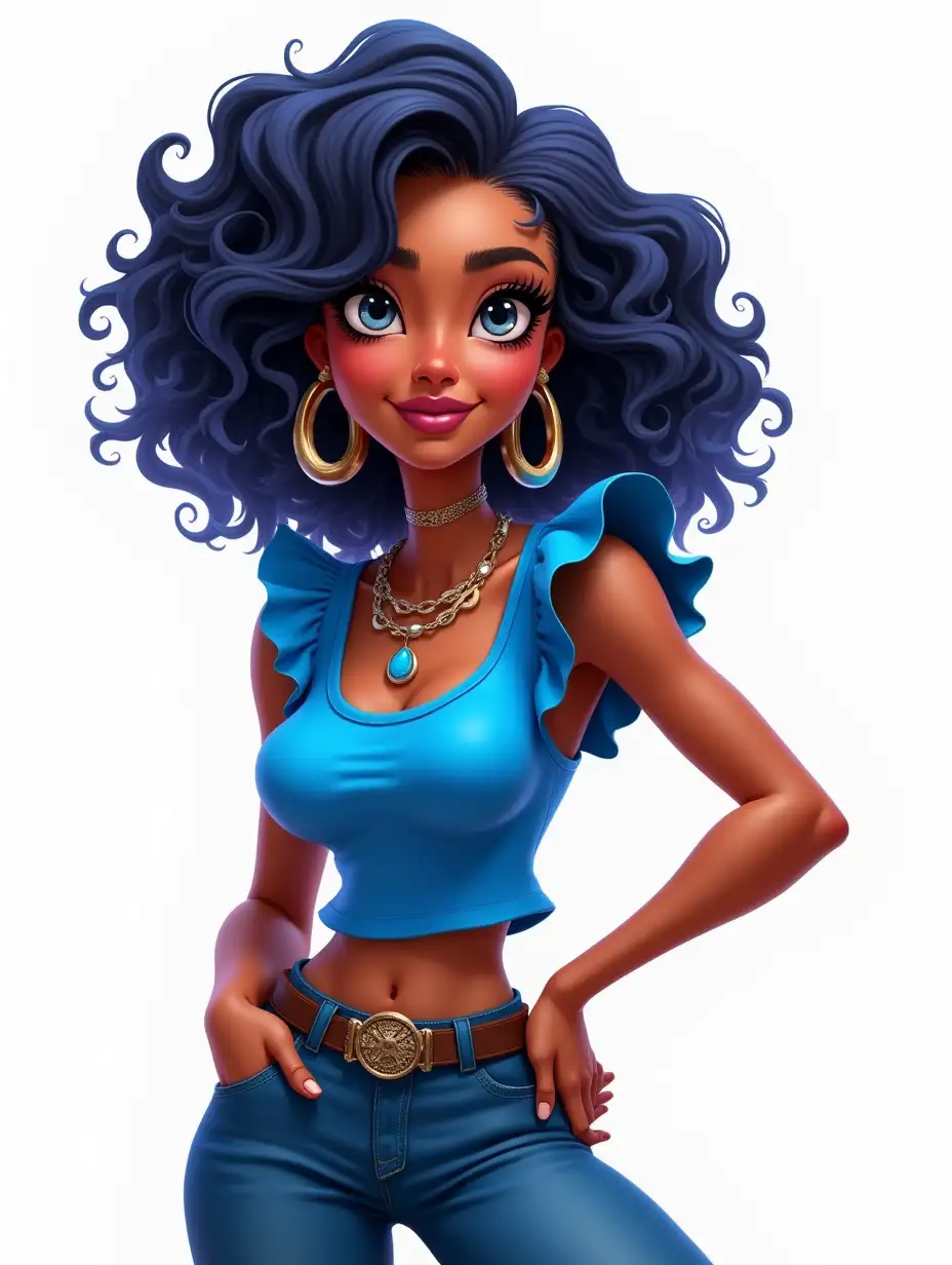 Stylish cartoon heroine with voluminous curly hair decorated with blue highlights. She is dressed in a bright top with ruffles on the shoulders in blue colors and denim jeans. The character poses confidently, adorned with large earrings and a layered necklace. The background is pure white, which emphasizes her fashionable outfit. Bright colors. 3D oil painting