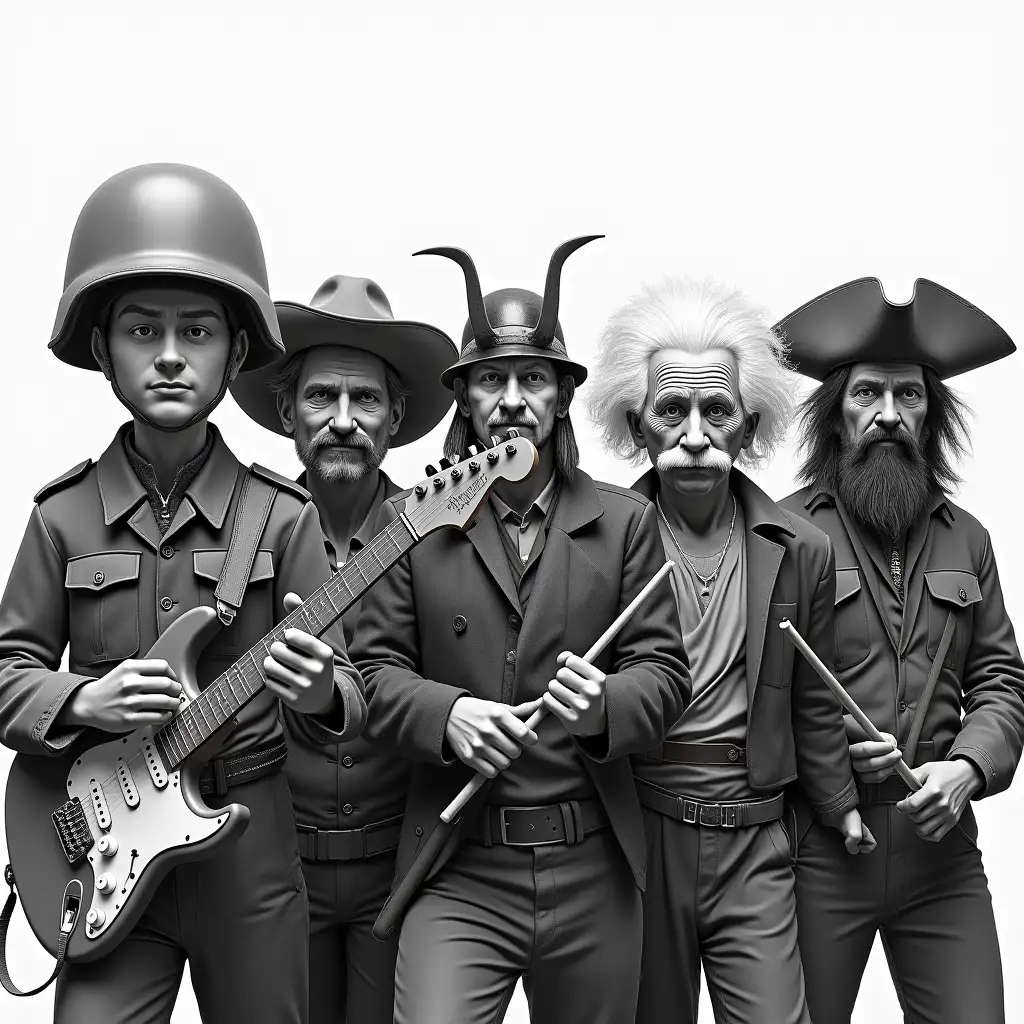 B&W realistic image of 5 characters charging at the viewer, a soldier with a current russian war helmet and an electric guitar in his hand on the left, a cow-boy with a hat at the center left, a samurai warrior with a mask in the center, Albert Einstein holding drum sticks at the center right, a pirate on the right. All characters look at the viewer, they are side by side and we see them well, they have an intimidating facial expression, granular picture, slight cartoon look, only the soldier has the guitar in his hands