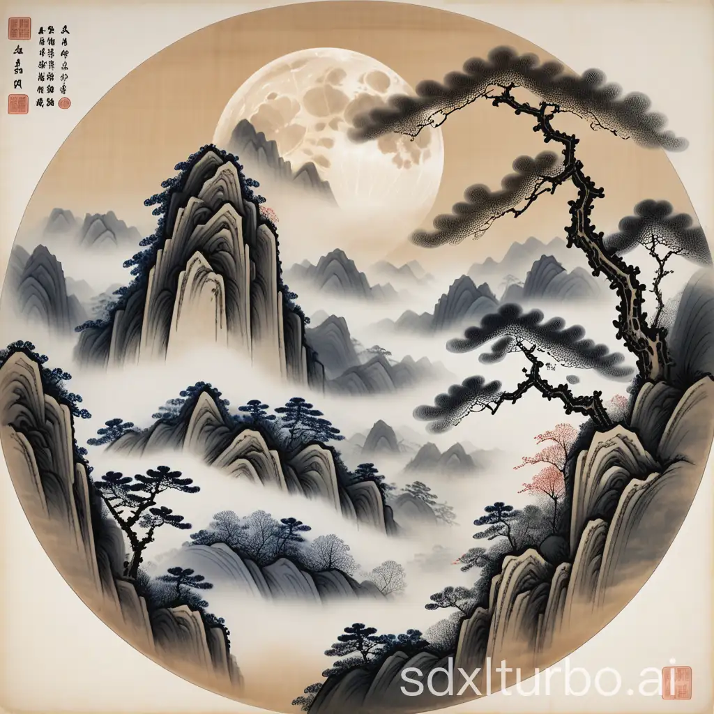 layer upon layer of mountains in the south, their silhouettes depicted in shades of qinghua using ink wash painting technique, dragon-like mountain ridges winding along, a veil of milky white clouds hovering around the midsection of the mountains, ancient pines etched with meticulous detail at the top, glazed tiles jutting out over the mountaintop creating a moon-watching platform with an eave that catches a few strands of drifting cloud. The full moon is presented using fenglang color tones, its diameter taking up 1/5 of the picture, its surface bearing faint traces of chanfeng patterns, and the light of the moon spreading out in golden mist through the sky-reaching painting technique, casting crescent beams upon the layers of clouds and causing a few shadows of cranes to flit across the moon's disk. The details of the nearby rocks and stones are rendered using fangguan raindrop texture from the North Song dynasty.