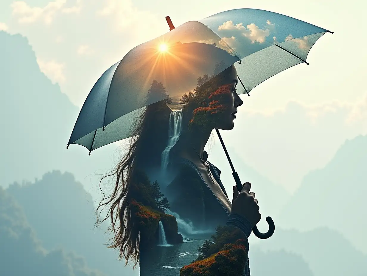 Silhouette of a Woman with Umbrella Amidst Autumnal Mountain Landscape