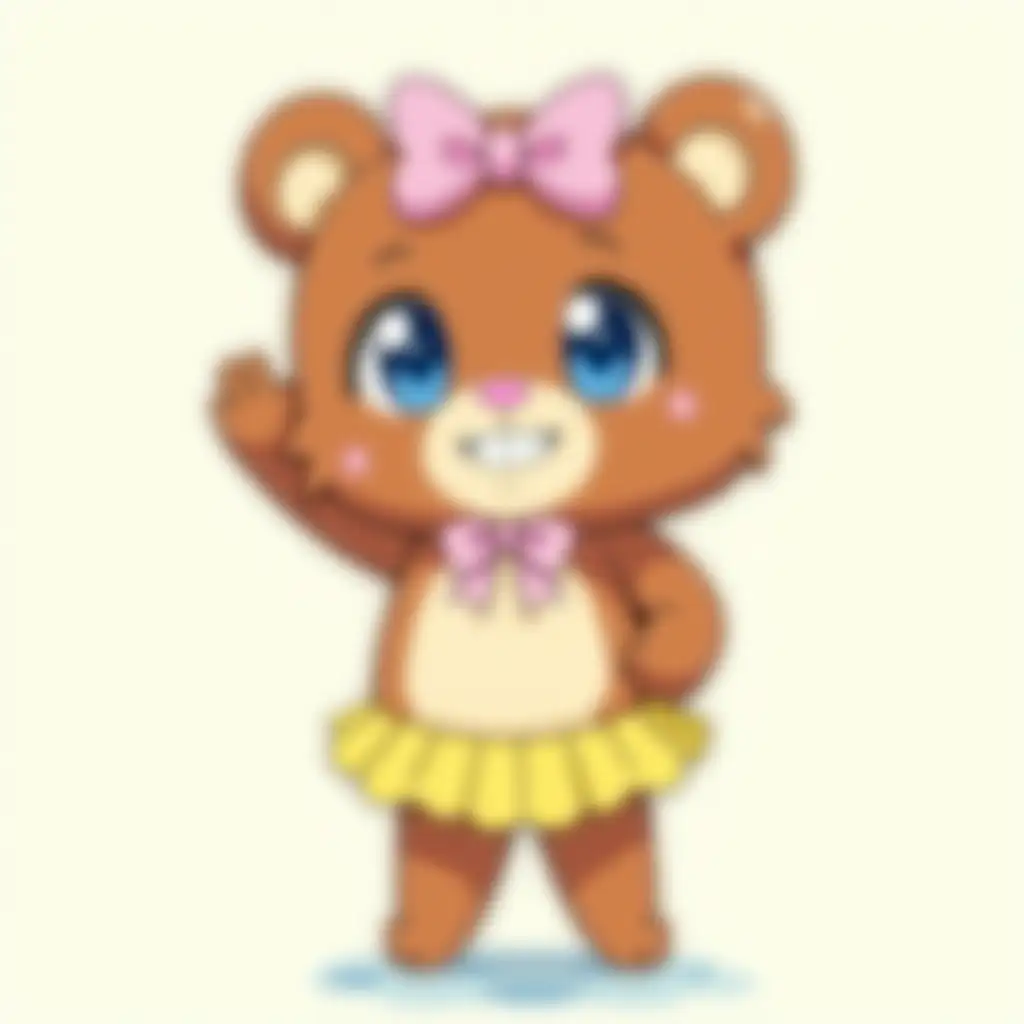 Anime chibi bear female, brown fur, chest and clear, , blue wide opened eyes, with a yellow skirt, pink ribbon on her head, and flower ears rings. Pink gloves, pink nose. Smiling wide . Long legs. . Water up her legs. Grinning, Looking at the camera. Style: Ghibli