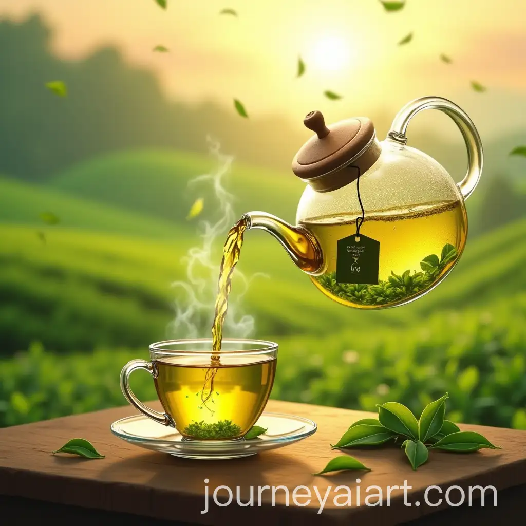 HyperRealistic-Digital-Painting-of-Glass-Teapot-Pouring-Green-Tea-with-Tea-Plantation-Background