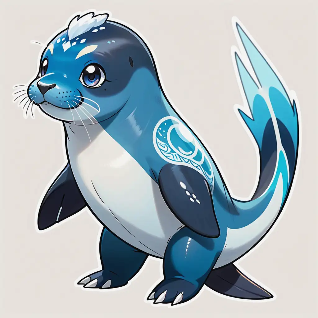 Anime Style Blue Arctic Seal with White Tattoos and Big Fins