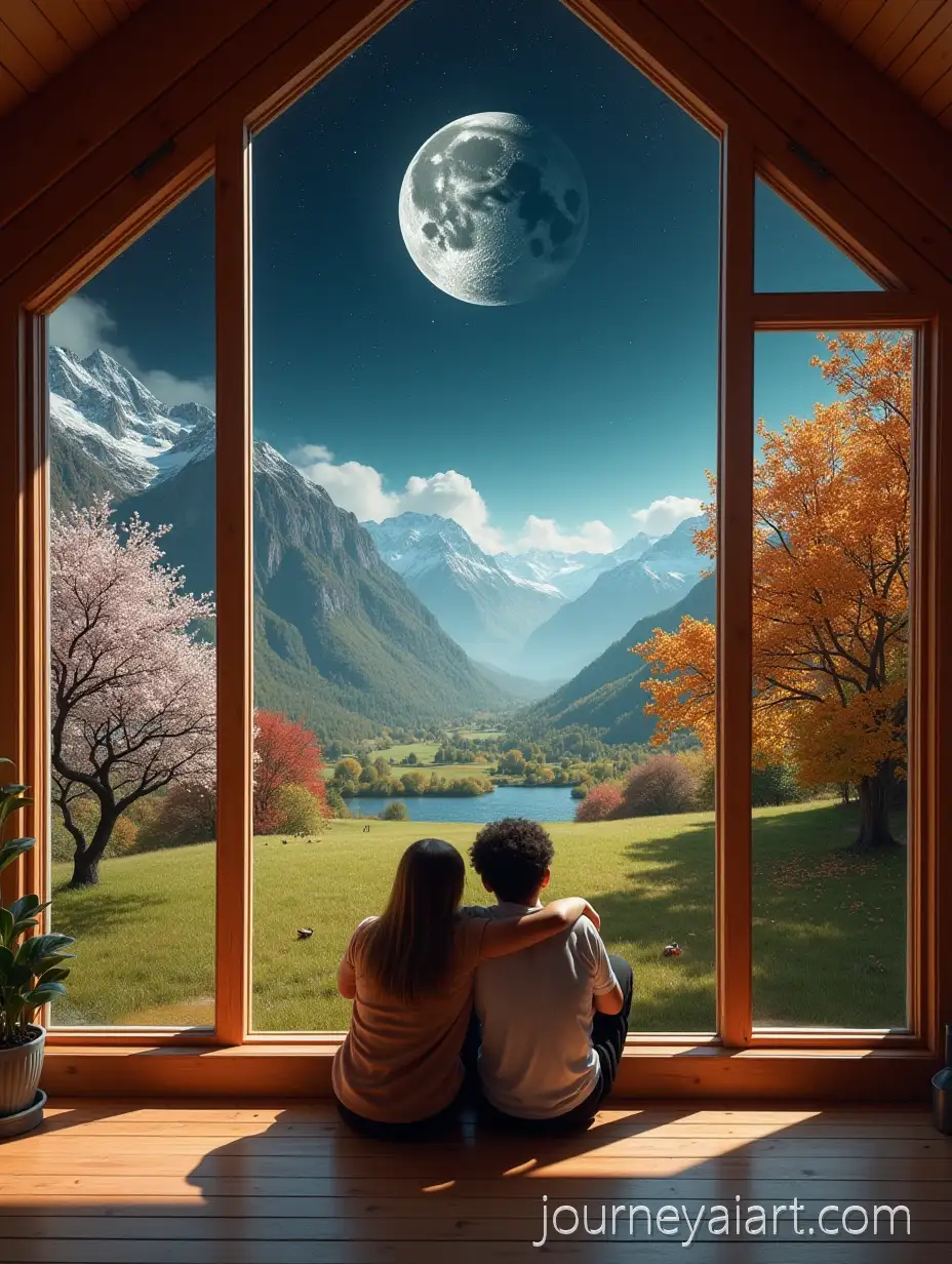 Couple-Embracing-in-a-Wooden-Lunar-House-Overlooking-All-Four-Seasons-with-Panoramic-Space-View
