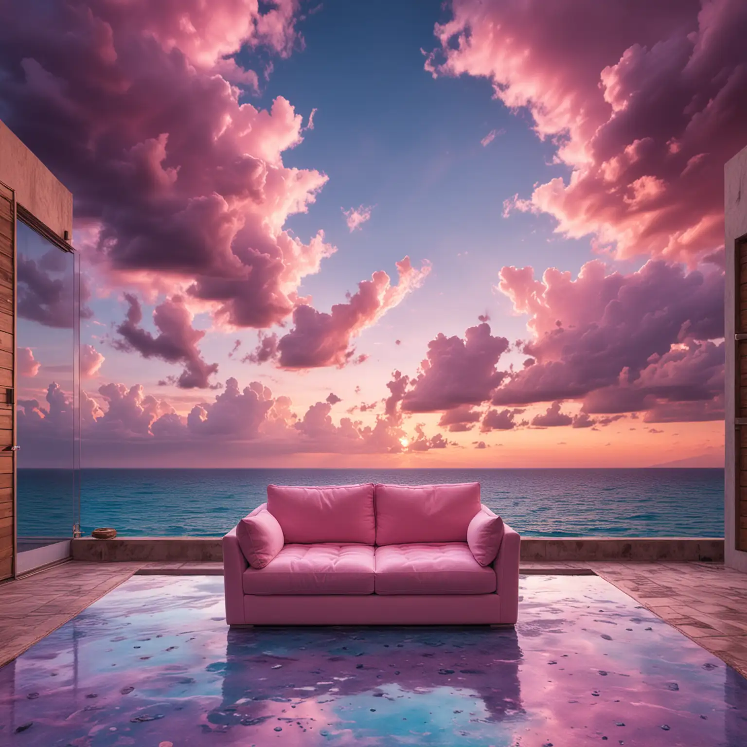 outdoor view with pink purple clouds and blue clean water floor and cozy couch