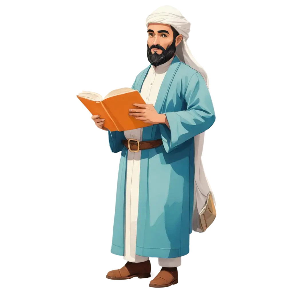 PNG-Cartoon-Bearded-Man-in-Traditional-Middle-Eastern-Attire-Reading-Holy-Book-in-Library