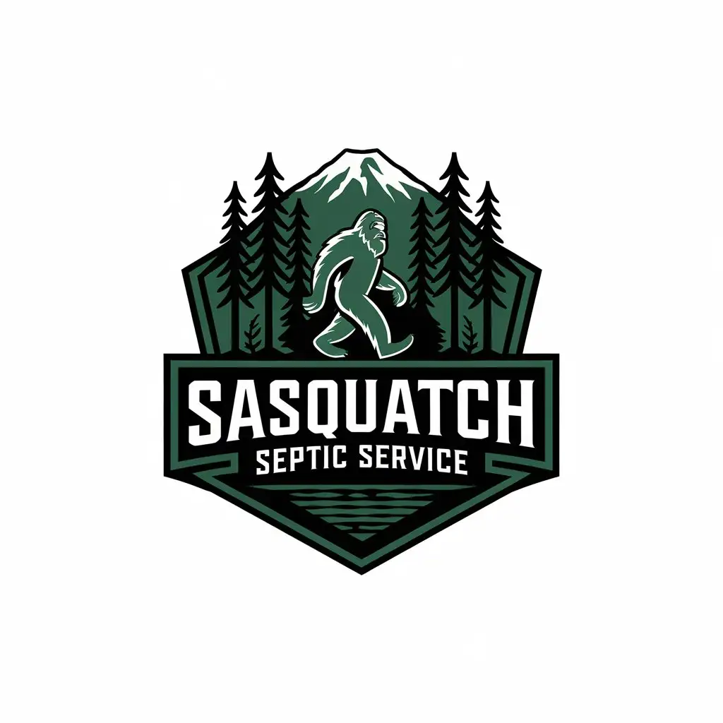 LOGO Design for Sasquatch Septic Service Vector Logo Featuring a Sasquatch Walking Among Trees with Mount St Helens in the Background