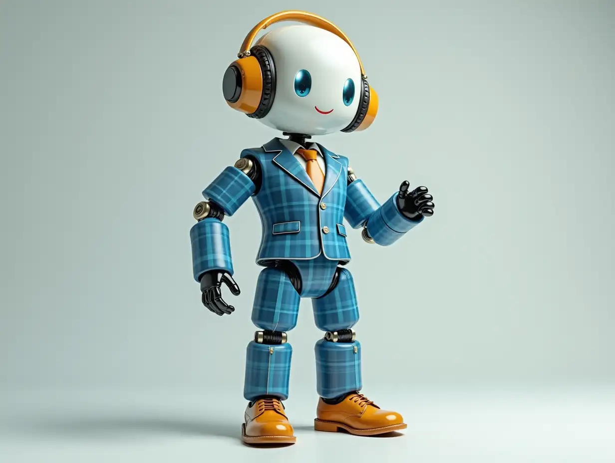 Create a high-resolution, realistic image of a robot with square eyes, golden headphones of a fashionable blue and white checked suit, patent leather shoes and strike a pose