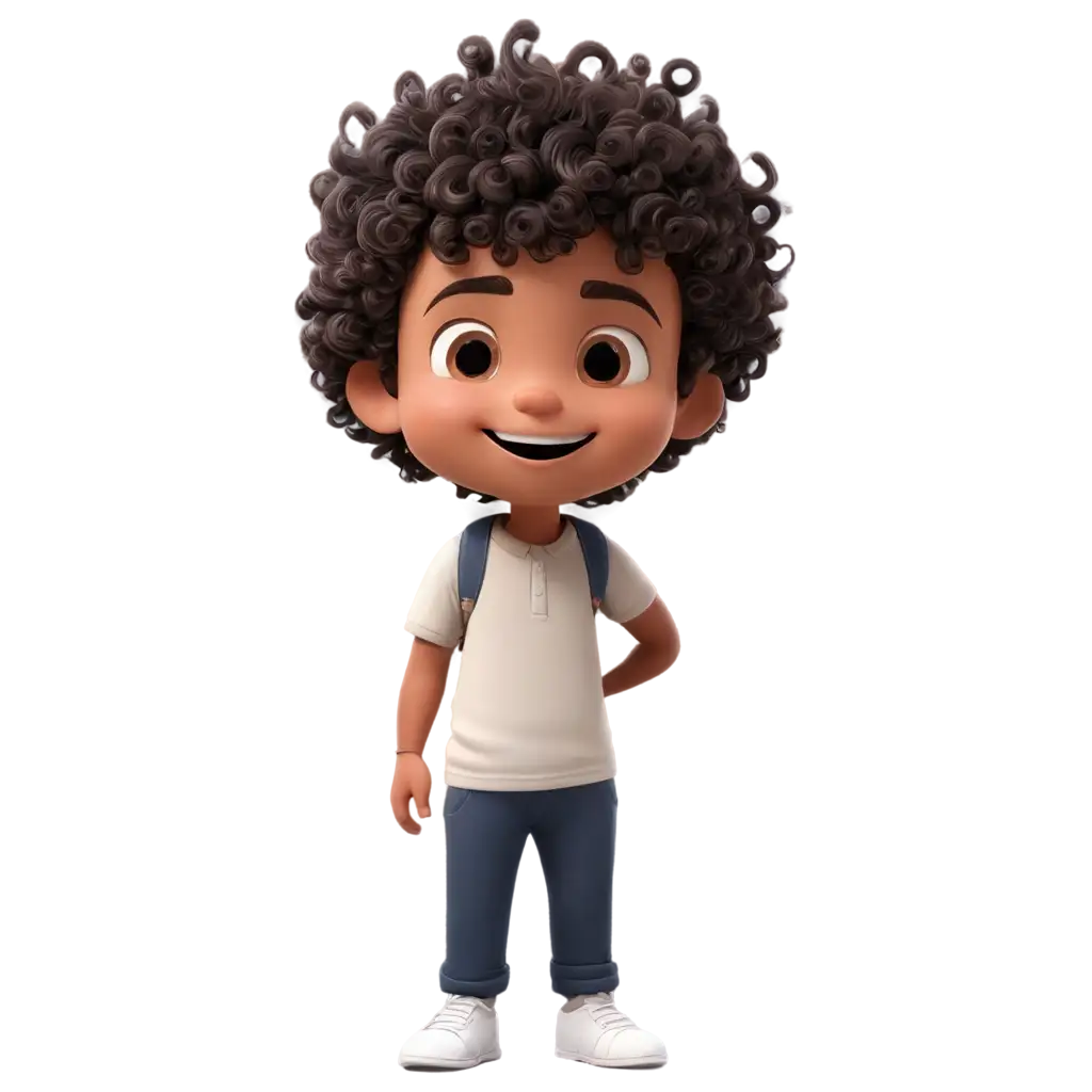 give a short prompt about a small boy curly hair cute eyes cute smile Indian skin a smile boy a cartoon character