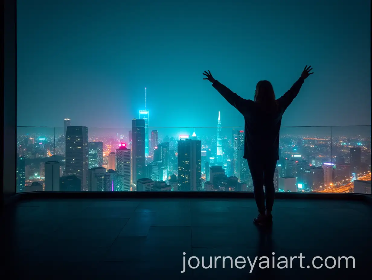 Lone-Figure-Dancing-on-HighRise-Balcony-at-Midnight-with-City-Skyline